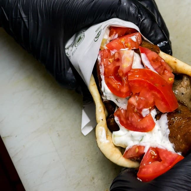 The Gyro Wrap — gyro meat, tomato and tzatziki in warm pita